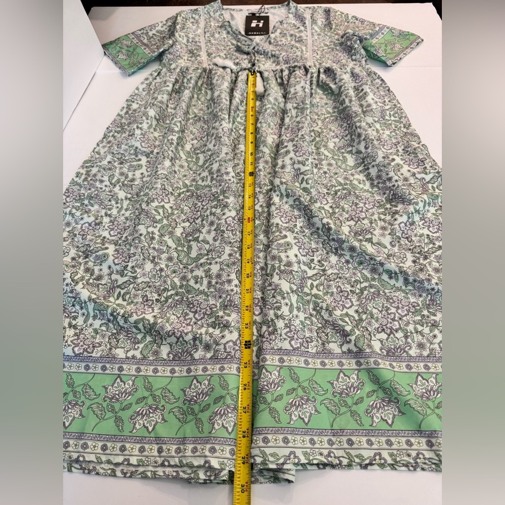 Hawalili Green & Lavender Floral Boho Midi Dress- size S oversized - Picture 14 of 16